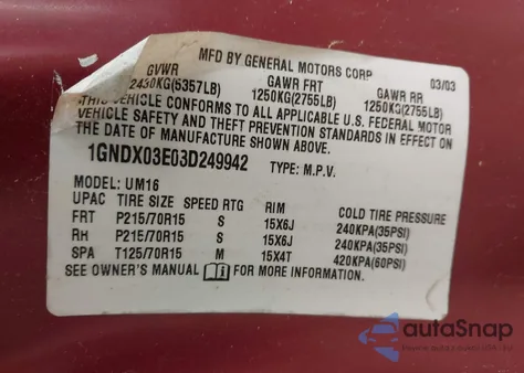 2003 Chevrolet Venture Ls z USA, uszkodzony, nr VIN 1GNDX03E03D249942